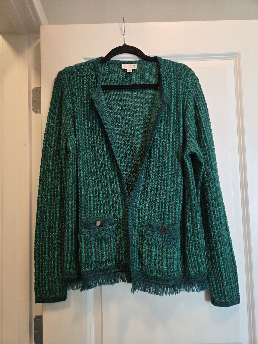 Joan Rivers Green Black Textured Fringe Cardigan Sweater Size Small